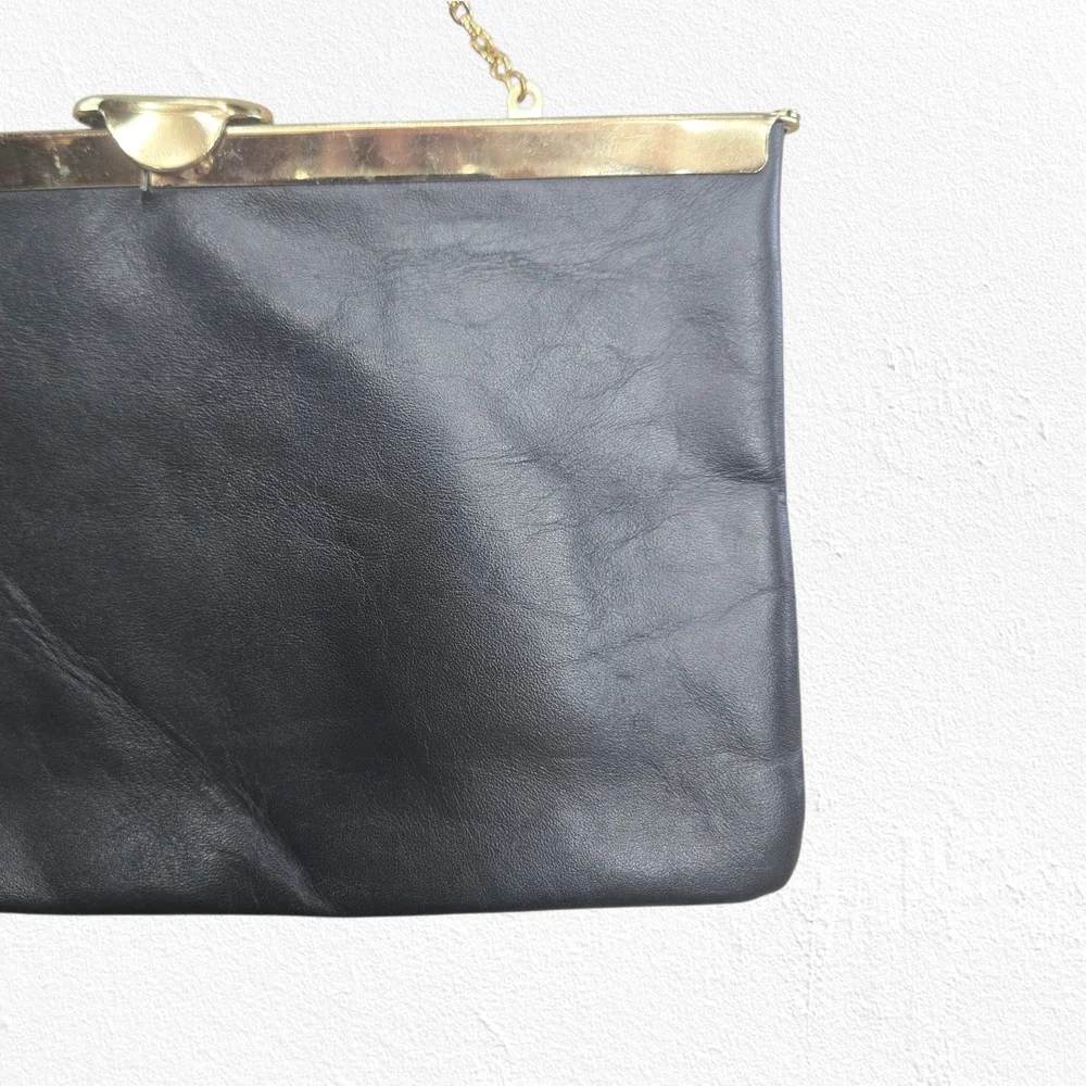Vintage 1950s Black Leather Evening Bag Gold Frame Lift Clasp Chain Strap Etra